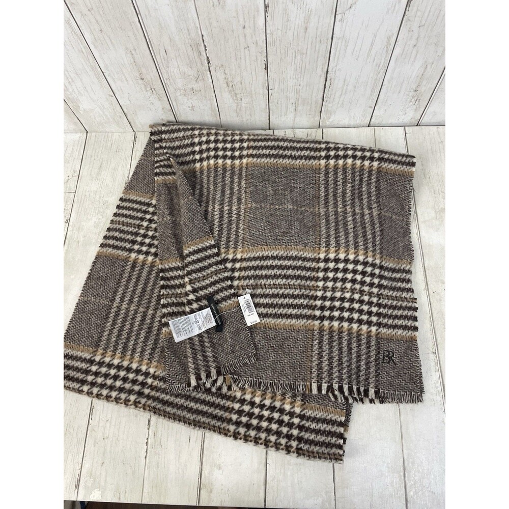 Banana Republic Mens 100% Wool Houndstooth & Plaid Scarf Brown Tan Cream NWT $75
